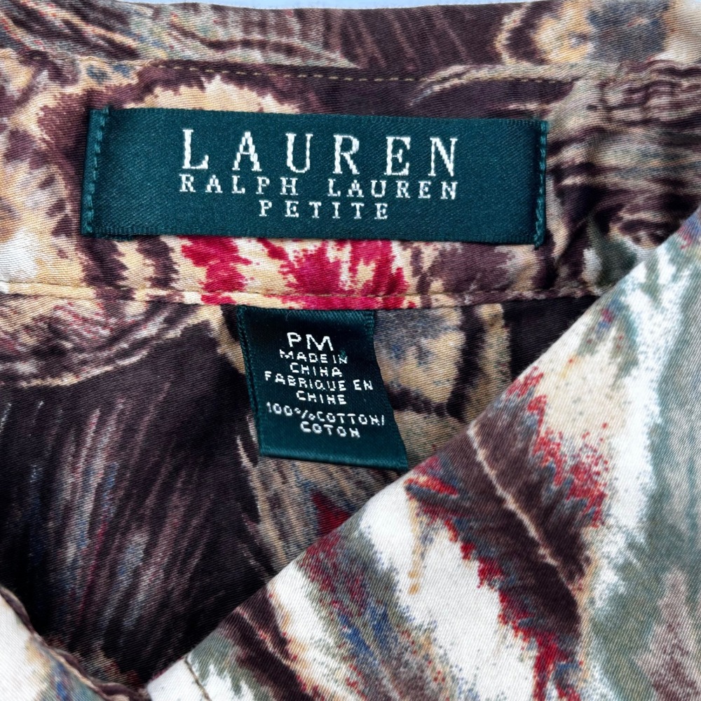 Lauren Ralph Lauren‎ Petite PM Brown Peacock Feather Floral Cotton Button Up EUC - Picture 4 of 7